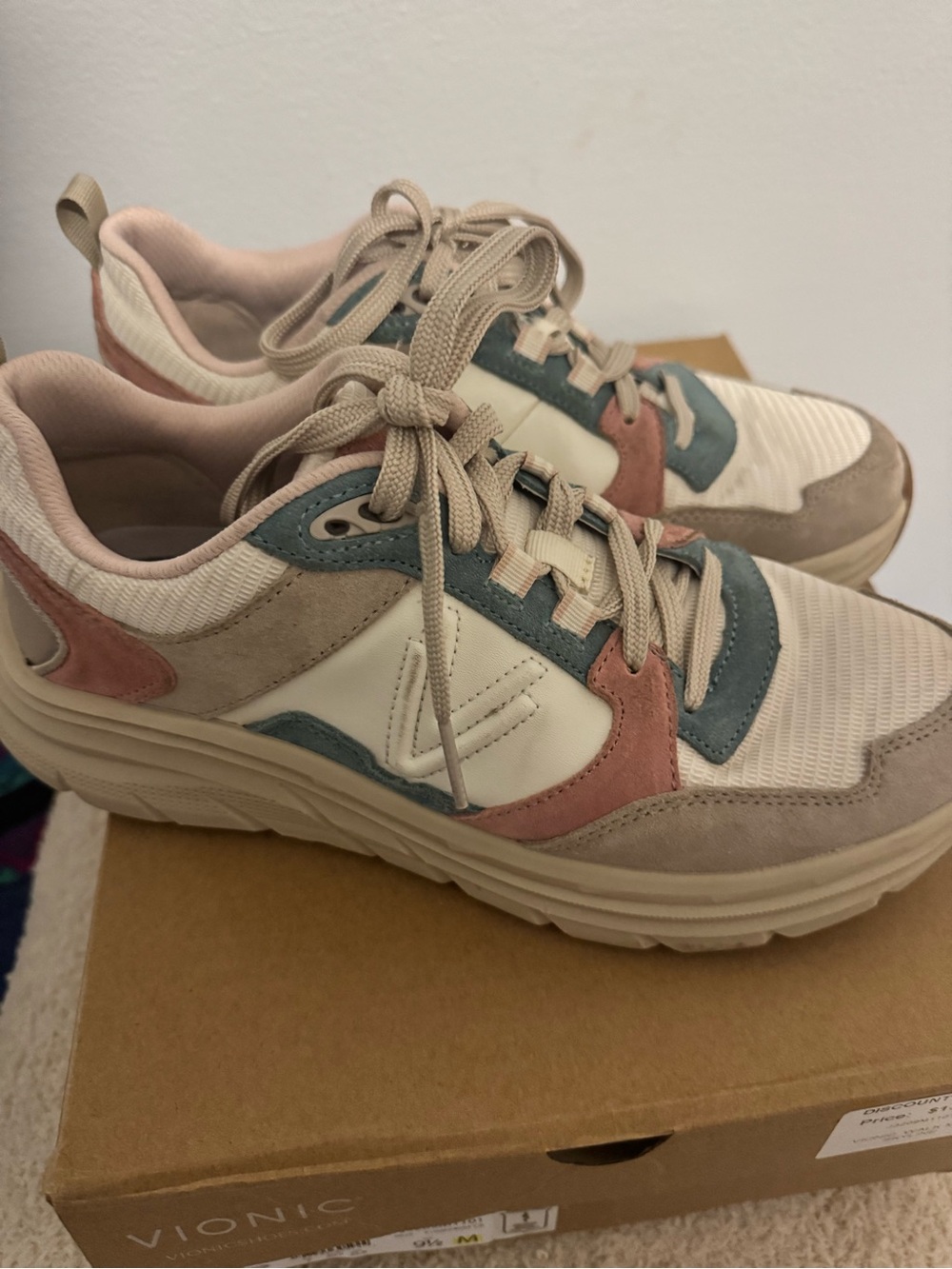 Vionic Women's Cream Sneakers with Pink and Blue Suede Accents